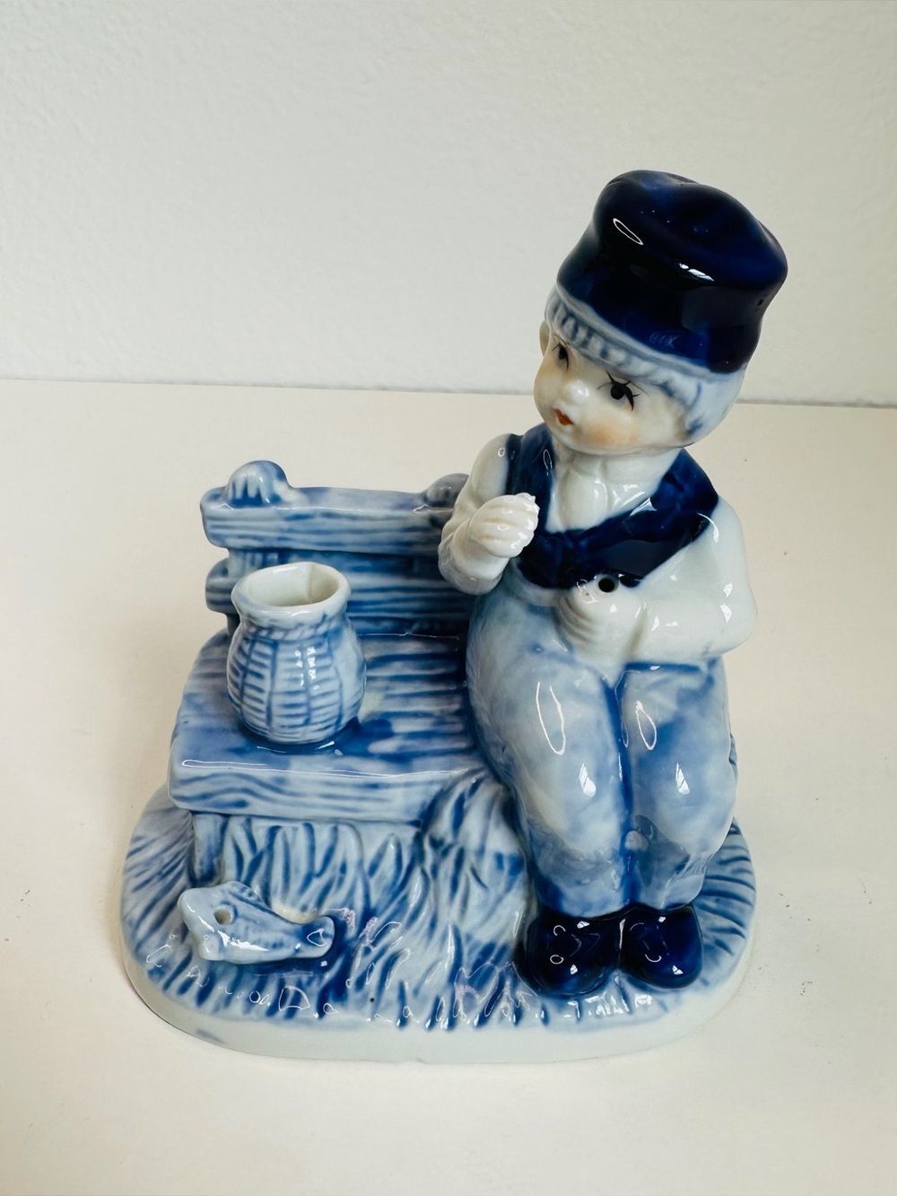 Vintage Delft Blue Fishing Boy Figurine Flaw